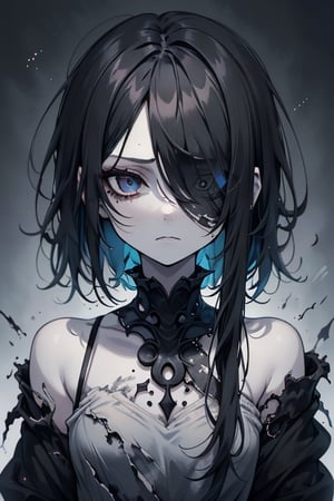 a young woman with long, straight black hair, messy and worn hair, very pale skin, one eye black and the other white, an enigmatic, melancholic, anxious, introspective expression, her clothing is minimalist, lonely, broken, enigmatic expression, perfect face, masterpiece, monster, very good quality.


,Touka,olantilene