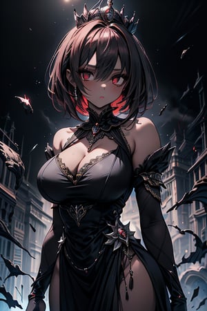 The queen of the abyss, queen costume, dark red hair, short hair, long dress close to the body, black eyes, the fastest woman in the world, tall, powerful, crown, the supreme empress, masterpiece, good quality, excellent quality , good resolution. Penetrating, expressive eyes and an athletic, powerful figure that reflects her skill in combat, pure darkness, alone, she is the darkness, the night, no light is seen, dark room, skin gray as ash, dark skin.
