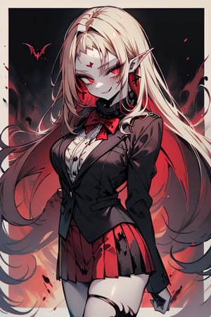 an arrogant woman, blonde, cold-blooded murderer, the final enemy of this world, medium breasts, pointed ears, vampire, eyes red like blood, smiling mischievously, red bowtie scarf, red suit with skirt with black borders, black crosses on his forehead, very pale skin.
,Baobhan