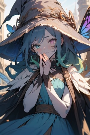 four arms, star fairy, wise look, blue dress, gray skin, time witch, wise, long hair,masterpiece, detailed, high quality, absurdres,purple eyes, green hair, four arms, 4 arms,  1 girl, seer,  no facial expressions, heterochromia, fairy wings with butterfly patterns resembling eyes, omnipresent, omniscient,blue hat with brown decoration of butterflies and stars,cracks in her face, puppet body, not human body, doll body, fake face.,More Detail