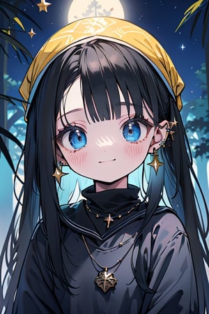 black hair, blue eyes, yellow attush, friendly face, headscarf, little girl, happy smile, bangs, in the forest at night, masterpiece, star earrings, detailed, high quality, absurd , strongest human being of all, bearer of the hope of the world, long hair, necklace of scales,perfect face,8 year old girl.
,best quality