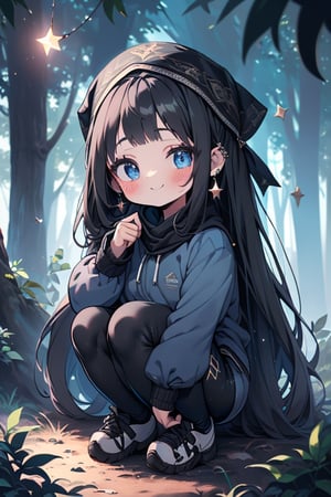 black hair, blue eyes, full body lycra clothing, friendly face, headscarf, little girl, happy smile, in the forest at night, masterpiece, star earrings, detailed, high quality, absurd, strongest human being of all, bearer of the hope of the world, long hair, perfect face, 8 year old girl, best quality, fat, obese.
