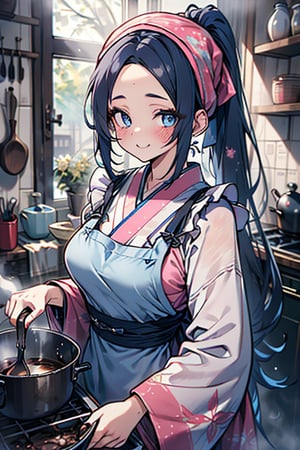 dark blue hair, blue eyes, simple pink kimono, friendly face, headscarf, happy smile, poor, no bangs, masterpiece, detailed, high quality, absurd, milf, face wrinkles, housewife, long hair with ponytail, masterpiece, excellent quality, excellent quality, perfect face, medium breasts, poor, peasant, dirty clothes, cook, kitchen, bare forehead, without bangs, apron

,monadef