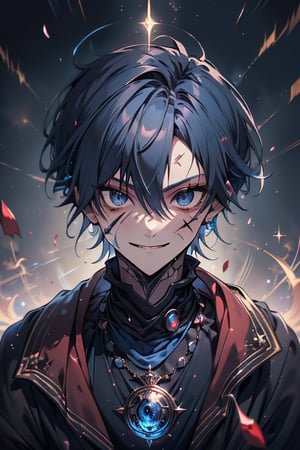 Man, dark blue hair, blue magician tunica, wide pants, friendly face, comedian, black gloves, happy smile, masterpiece, detailed, high quality, absurd, killer, prediction magician, very short hair, masterpiece, excellent quality , excellent quality, perfect face,beefy warrior scar on face




