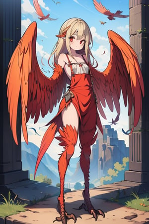 masterpiece, best quality, harpy, standing, They fit perfectly to her size due to the runes embedded in its fabrics,long hair, no hands,light blonde hair, harpy wings, bird legs, bird hands, bird arms, harpy woman, bird woman, red eyes, orange wings, spread wings, (flat chest :1.1),farmer's clothes with an overall.
