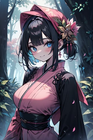 dark blue hair, blue eyes, pink kimono outfit with black edges, friendly face, a black spandex that covers his entire body, headscarf, killer, happy smile, bangs, in the forest at night, masterpiece, detailed, high quality, absurd, the strongest human of all, bringer of the world's hope, short hair, black lycra, masterpiece, excellent quality, excellent quality, perfect face, medium breasts

