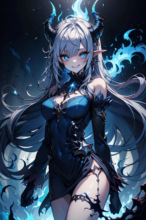 blue hair, deep blue eyes, aura of dark power, the primordial of the underworld, goddess of flames, sadistic, pointed ears, blue dress with white edges, right hand of lucifer, primordial goddess, masterpiece, very good quality, excellent quality , perfect face, small breasts, evil smile, egocentric, eyes with blue flames, horns, long sleeve, miniskirt, gothic, very long hair, emanates the power of destruction, adult, clothes burning with blue fire

