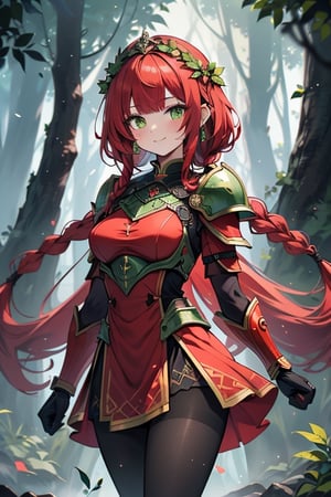 noble woman, princess, red hair, long braid, green armor covering her body, forest, medium chest, warrior, druid, green eyes, red dress, medium combat skirt, good quality, masterpiece, hight,black pantyhose,loved by nature, kind face, noble smile, leader.