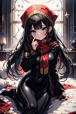 black hair, blue eyes, red scarf with gold stripes, the edges have small touches of gold, friendly face, a black spandex that covers his entire body, headscarf, killer, happy smile, bangs, masterpiece, star earrings, detailed , high quality, absurd, the strongest human of all, bearer of the world's hope, black lycra, masterpiece, excellent quality, perfect face, long hair, sexy pose, bed
