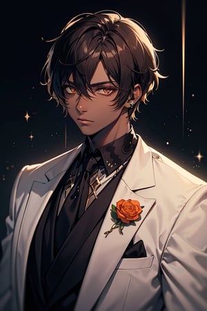 man, dark skin, French, white tuxedo, elegant, rich, the man with the imperturbable mind, expressionless, arrogant, lonely, seeks freedom, millionaire, he is the son of the richest man in the world, masterpiece, high quality, 4k, very good resolution,herochromatic, golden right eye and orange left eye, Brown hair.

,dark skin