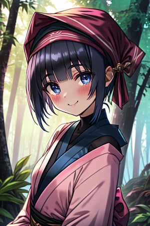 dark blue hair, blue eyes, pink kimono outfit with black edges, friendly face, a black spandex that covers his entire body, headscarf, killer, happy smile, bangs, in the forest at night, masterpiece, detailed, high quality, absurd, the strongest human of all, bringer of the world's hope, short hair, black lycra, masterpiece, excellent quality, excellent quality, perfect face.
