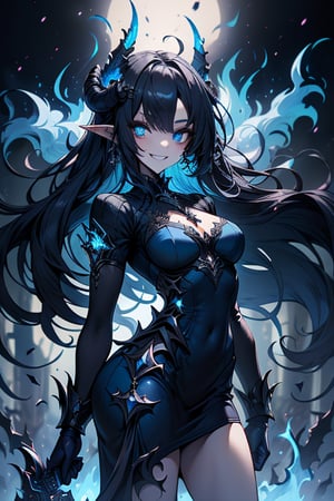 dark blue hair, deep blue eyes, aura of dark power, the primordial of the underworld, goddess of flames, sadistic, pointed ears, blue dress with white edges, right hand of lucifer, primordial goddess, masterpiece, very good quality, excellent quality , perfect face, small breasts, evil smile, egocentric, eyes with blue flames, horns, long sleeve, miniskirt, gothic, very long hair, emanates the power of destruction, adult, clothes burning with blue fire

