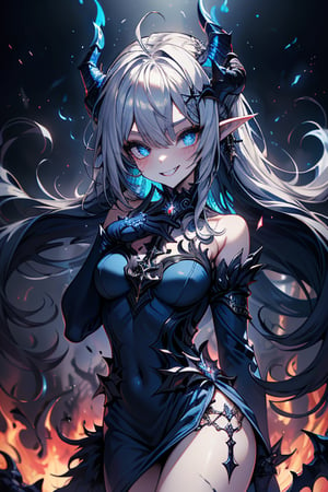 dark blue hair, deep blue eyes, aura of dark power, the primordial of the underworld, goddess of flames, sadistic, pointed ears, blue dress with white edges, right hand of lucifer, primordial goddess, masterpiece, very good quality, excellent quality , perfect face, small breasts, evil smile, egocentric, eyes with blue flames, horns, long sleeve, miniskirt, gothic, very long hair, emanates the power of destruction, adult, clothes burning with blue fire

