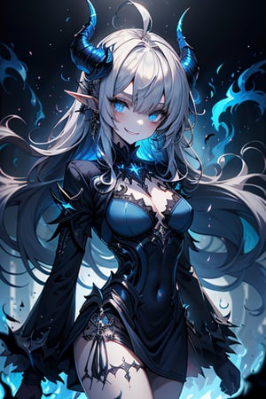 dark blue hair, deep blue eyes, aura of dark power, the primordial of the underworld, goddess of flames, sadistic, pointed ears, blue dress with white edges, right hand of lucifer, primordial goddess, masterpiece, very good quality, excellent quality , perfect face, small breasts, evil smile, egocentric, eyes with blue flames, horns, long sleeve, miniskirt, gothic, very long hair, emanates the power of destruction, adult, clothes burning with blue fire

