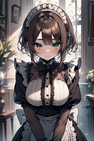 adult woman, big breasts, maid outfit, rich person outfit, friendly look, green eyes, brown hair, tall, mature,More Detail,Masterpiece, detailed, high quality, absurdres, short-hair, happy_face.,aaarisu