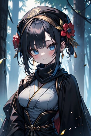 dark blue hair, blue eyes, gold kimono suit with black edges, friendly face, a black spandex that covers his entire body, headscarf, killer, happy smile, bangs, in the forest at night, masterpiece, detailed, high quality, absurd, the strongest human of all, bringer of the world's hope, short hair, black lycra, masterpiece, excellent quality, excellent quality, perfect face, medium breasts, black scarf, judge, lawyer, judge's robe , toga

