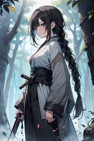 kind woman, black hair, medium hair, hair in braid down to her back, a single braid, dirty clothes, warrior, beast tamer, the killer of gods, black eyes, old clothes, alone, forest, kind smile, innocent, breasts small, tall woman, amazon, samurai, gray kimono jacket ideal for combat, wide pants, happy, friendly, good person, katanas sheathed at her waist, masterpiece, good quality, swords well positioned at her waist, good hands, aquamarine belt.



