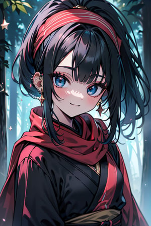 dark blue hair, blue eyes, pink kimono outfit with black edges, a red scarf with gold stripes, the edges have small golden touches, friendly face, a black spandex that covers her entire body, headscarf, killer, happy smile, bangs, in the forest at night, masterpiece, star earrings, detailed, high quality, absurd, the strongest human of all, bringer of the world's hope, hair in ponytail, black lycra, masterpiece, excellent quality, excellent quality, perfect face.
