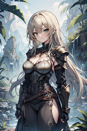 Woman with light blonde hair, big, tall, the strongest warrior in the world, plate armor, cold jacket, pantyhouse, bracers, chest, green eyes, friendly, free spirit, religious, valley of plants, no bangs, long hair , charming smile, a wonderful person, medium breasts, long stockings, long pants, long robe,golden armor, black clothes, groomed hair
