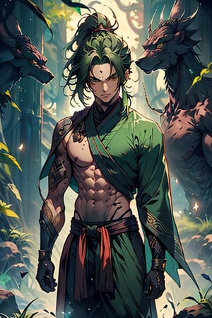 dark green hair, green eyes, hair in a ponytail, Buddhist, man, green robe, wide priest's pants, the strongest creature of all, the one sent by God, the shapeshifter, defined abdomen, masterpiece, perfect face, very good Quality, excellent quality, the warrior of the true gods, serious, warrior, monk
