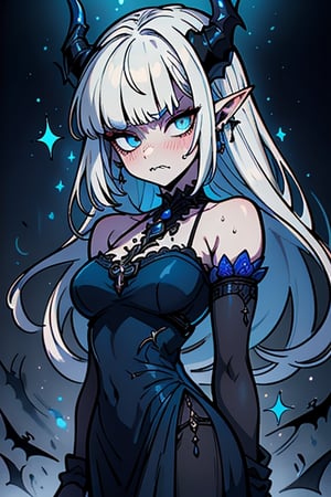 white hair, deep blue eyes, aura of dark power, the most powerful being in the world, queen of darkness, lost look, pointed ears, black dress with blue edges, killer of gods, the one who killed Lucifer, incarnation of the gods dragons, masterpiece, very good quality, excellent quality, perfect face, small breasts, serious face, dazed, calm, kuudere, eyes with blue flames, looking down, as if on top of the world, horns, vampire fangs, fake goddess, bare shoulders, long skirt, gothic, Mullet Bangs, staring, sad expression, blue roses in her hair and her dress,emanates the power of chaos within her.

