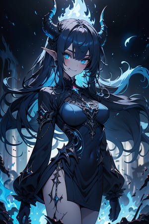 blue hair, deep blue eyes, aura of dark power, the primordial of the underworld, goddess of flames, sadistic, pointed ears, blue dress with white edges, right hand of lucifer, primordial goddess, masterpiece, very good quality, excellent quality , perfect face, small breasts, evil smile, egocentric, eyes with blue flames, horns, long sleeve, miniskirt, gothic, very long hair, emanates the power of destruction, adult, clothes burning with blue fire

