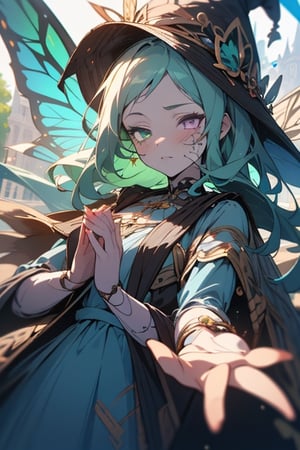 four arms, star fairy, wise look, blue dress, gray skin, time witch, wise, long hair,masterpiece, detailed, high quality, absurdres,purple eyes, green hair, four arms, 4 arms,  1 girl, seer,  no facial expressions, heterochromia, fairy wings with butterfly patterns resembling eyes, omnipresent, omniscient,blue hat with brown decoration of butterflies and stars,cracks in her face, puppet body, not human body, doll body, fake face, More Detail, green hair, lake fairy.