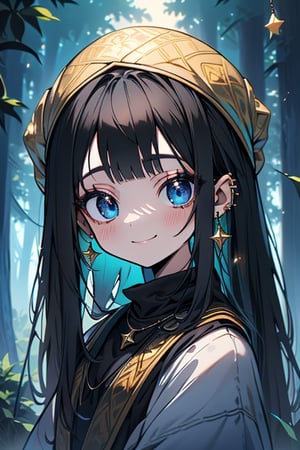 black hair, blue eyes, yellow attush, friendly face, headscarf, little girl, happy smile, bangs, in the forest at night, masterpiece, star earrings, detailed, high quality, absurd , strongest human being of all, bearer of the hope of the world, long hair, necklace of scales,perfect face,8 year old girl.
