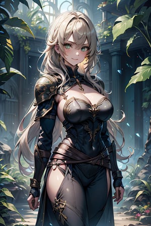 Woman with light blonde hair, big, tall, the strongest warrior in the world, plate armor, cold jacket, pantyhouse, bracers, chest, green eyes, friendly, free spirit, religious, valley of plants, no bangs, long hair , charming smile, a wonderful person, medium breasts, long stockings, long pants, long robe,golden armor, black clothes, groomed hair
