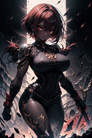 The queen of the abyss, formidable warrior, dark red hair, short hair, black combat lycra close to the body, black eyes, the fastest woman in the world, tall, powerful, red spear, masterpiece, good quality, Excellent quality, good resolution. Penetrating, expressive eyes and an athletic, powerful figure that reflects her combat prowess,  pure darkness, alone, she is the darkness, the night, no light is seen, dark room,skin gray as ash,dark skin.