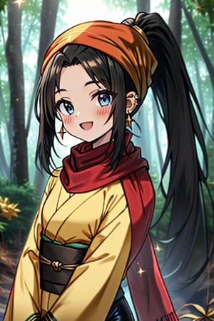 black hair, blue eyes, yellow Kimono
 outfit with black edges, a red scarf with gold stripes, the edges have small golden touches, friendly face, a black spandex that covers her entire body, headscarf, killer, happy smile , bangs, in the forest at night, masterpiece, star earrings, detailed, high quality, absurd, the strongest human of all, bringer of the world's hope, hair in ponytail,black lycra, masterpiece, excellent quality, excellent quality, perfect face.

