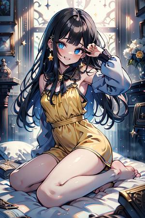 black hair, blue eyes, yellow babydoll, friendly face, killer, happy smile, bangs, masterpiece, star earrings, detailed, high quality, absurd, the strongest human of all, bearer of the world's hope masterpiece, excellent quality , excellent quality, perfect face, long hair, sexy pose, bed, small breasts

