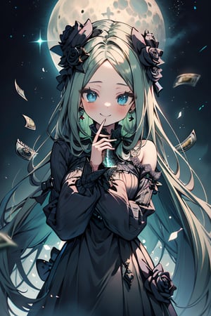 light green hair, blue eyes, long tunic with gothic skirt, black tiana, friendly face, egocentric, food lover, money lover, magic style long sleeved dress, happy smile, masterpiece, moon earrings, detailed, tall quality, absurd, the teleportation magician, long hair with roses, masterpiece, excellent quality, excellent quality, perfect face, Green hair


