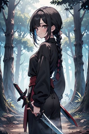 kind woman, black hair, medium hair, hair in a long braid down the back, dirty clothes, warrior, dual sword wielder, beast tamer, god slayer, black eyes, old clothes, sweatshirt, alone, forest, smile kind, innocent, small breasts, tall woman, amazon, samurai.

