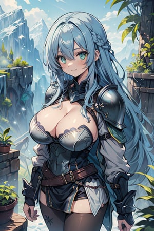 Woman with light blue hair, big, tall, the strongest warrior in the world, plate armor, cold jacket, pantyhouse, bracers, chest, green eyes, friendly, free spirit, religious, valley of plants, no bangs, long hair , charming smile, a wonderful person.
