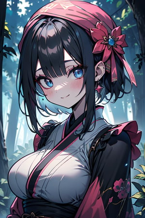 dark blue hair, blue eyes, pink kimono outfit with black edges, friendly face, a black spandex that covers his entire body, headscarf, killer, happy smile, bangs, in the forest at night, masterpiece, detailed, high quality, absurd, the strongest human of all, bringer of the world's hope, short hair, black lycra, masterpiece, excellent quality, excellent quality, perfect face, medium breasts

