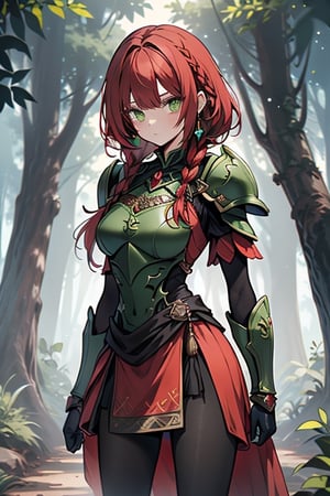 noble woman, princess, red hair, long braid, green armor covering her body, forest, medium chest, warrior, druid, green eyes, red dress, medium combat skirt, good quality, masterpiece, hight,black pantyhose.
