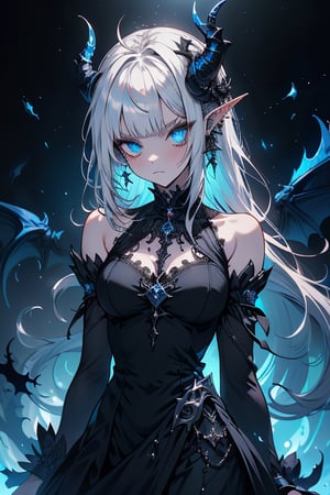 white hair, deep blue eyes, aura of dark power, the most powerful being in the world, queen of darkness, lost look, pointed ears, black dress with blue edges, killer of gods, the one who killed Lucifer, incarnation of the gods dragons, masterpiece, very good quality, excellent quality, perfect face, small breasts, serious face, dazed, calm, kuudere, eyes with blue flames, looking down, as if on top of the world, horns, fake goddess, bare shoulders, long skirt, gothic, Mullet Bangs, staring, sad expression, blue roses in her hair and her dress,emanates the power of chaos within her,black sclera.
