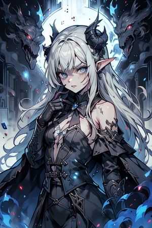 white hair, deep blue eyes, aura of dark power, the most powerful being in the world, queen of darkness, lost look, pointed ears drooping pointing downwards, black dress with blue edges, killer of gods, the one who killed Lucifer, incarnation of the gods dragons, masterpiece, very good quality, excellent quality, perfect face, small breasts, serious face, dazed, calm, kuudere, eyes with blue flames, looking down, as if on top of the world, horns, fake goddess, bare shoulders, gothic, Mullet Bangs, staring, sad expression, blue roses in her hair and her dress,emanates the power of chaos within her,black sclera,black bow tie, domino dresses from the Victorian era.