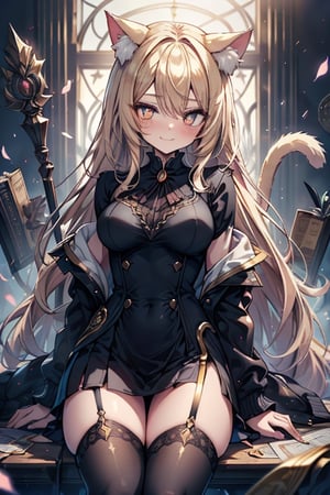 blonde, golden eyes, scholar, black jacket, elegant white, long golden stockings, confident smile, cat ears, 1 cat tail, nekomata, arrogant, narcissite, the most intelligent woman in the world, bearer of the eyes of knowledge, the combat genius, laughter, masterpiece, good quality, excellent quality, AIR_BETWEEN_EYES, STAFF, golden eyes, the pride fairy, long hair, perfect face, bright pupils (finely detailed). beautiful eyes,
