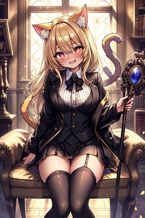 blonde, golden eyes, scholar, black jacket, elegant white, long golden stockings, confident smile, cat ears, 1 cat tail, nekomata, arrogant, narcissite, the most intelligent woman in the world, bearer of the eyes of knowledge, the combat genius, laughter, masterpiece, good quality, excellent quality, AIR_BETWEEN_EYES, STAFF, golden eyes, the pride fairy, long hair, perfect face, bright pupils (finely detailed). beautiful eyes,
