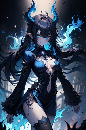 dark blue hair, deep blue eyes, aura of dark power, the primordial of the underworld, goddess of flames, sadistic, pointed ears, blue dress with white edges, right hand of lucifer, primordial goddess, masterpiece, very good quality, excellent quality , perfect face, small breasts, evil smile, egocentric, eyes with blue flames, horns, long sleeve, miniskirt, gothic, very long hair, emanates the power of destruction, adult, clothes burning with blue fire

