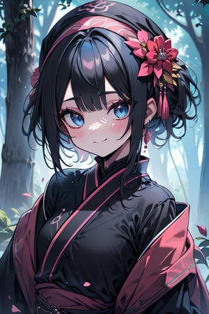 dark blue hair, blue eyes, pink kimono outfit with black edges, friendly face, a black spandex that covers his entire body, headscarf, killer, happy smile, bangs, in the forest at night, masterpiece, detailed, high quality, absurd, the strongest human of all, bringer of the world's hope, short hair, black lycra, masterpiece, excellent quality, excellent quality, perfect face.
