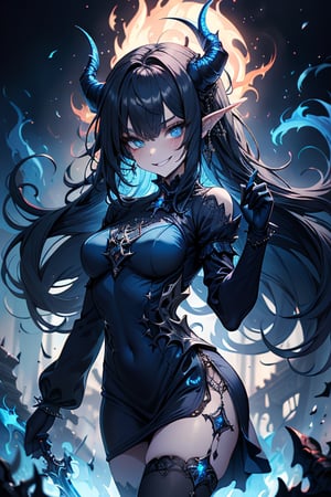 blue hair, deep blue eyes, aura of dark power, the primordial of the underworld, goddess of flames, sadistic, pointed ears, blue dress with white edges, right hand of lucifer, primordial goddess, masterpiece, very good quality, excellent quality , perfect face, small breasts, evil smile, egocentric, eyes with blue flames, horns, long sleeve, miniskirt, gothic, very long hair, emanates the power of destruction, adult, clothes burning with blue fire

