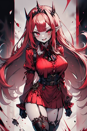 an arrogant woman, blonde, cold-blooded murderer, the final enemy of this world, medium breasts, pointed ears, vampire, eyes red like blood, smiling mischievously, red bowtie scarf, red suit with skirt with black borders, black crosses on his forehead, very pale skin, high_resolution, best quality, extremely detailed, HD, 8K, 1 girl, solo, sexy_figure, hot, 170 cm, tall_girl, LONG HAIR, DIAMOND THROAT, BLACK ASCOT, SEPARATED NECK, CENTER Ruffles, RED DRESS, RED SEPARATED SLEEVES, RED BELT, SKIRT WHITE, RED THIGH BOOTS, RED SUSPENDERS.TIARA,She represents death, the false goddess of putrefaction.

