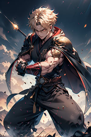 Blonde, short hair, golden eyes, asshole, man, strong, friendly, antisocial, long black kimono, muscular, dumb, warrior, perfect cape, good quality, excellent quality, masterpiece, wide martial arts pants.