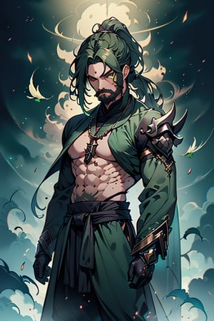 dark green hair, green eyes, hair in a ponytail, Buddhist, man, green robe, wide priest's pants, the strongest creature of all, the one sent by God, the shapeshifter, defined abdomen, masterpiece, perfect face, very good Quality, excellent quality, the warrior of the true gods, serious, monk,1boy, beard



