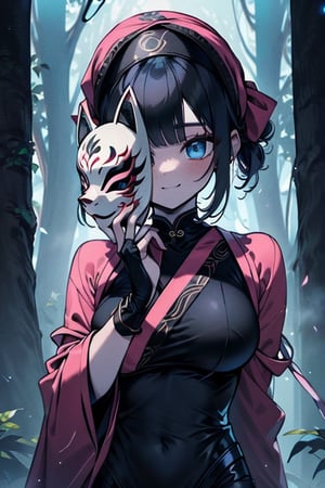 dark blue hair, blue eyes, pink kimono outfit with black edges, friendly face, a black spandex that covers his entire body, headscarf, killer, happy smile, bangs, in the forest at night, masterpiece, detailed, high quality, absurd, the strongest human of all, bringer of the world's hope, short hair, black lycra, black pantyhouse, masterpiece, excellent quality, excellent quality, perfect face, medium breasts,mask on hand, (fox mask, mask on the hand, put on mask)
