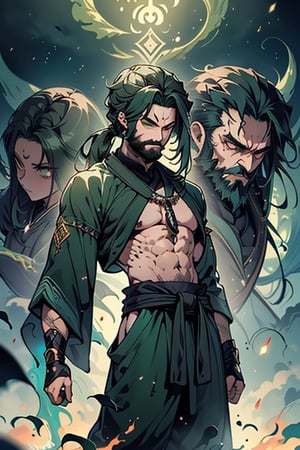 dark green hair, green eyes, hair in a ponytail, Buddhist, man, green robe, wide priest's pants, the strongest creature of all, the one sent by God, the shapeshifter, defined abdomen, masterpiece, perfect face, very good Quality, excellent quality, the warrior of the true gods, serious, monk,1boy, beard



