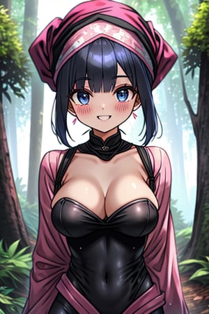 dark blue hair, blue eyes, pink kimono outfit with black edges, friendly face, a black spandex that covers his entire body, headscarf, killer, happy smile, bangs, in the forest at night, masterpiece, detailed, high quality, absurd, the strongest human of all, bringer of the world's hope, short hair, black lycra, masterpiece, excellent quality, excellent quality, perfect face, medium breasts

